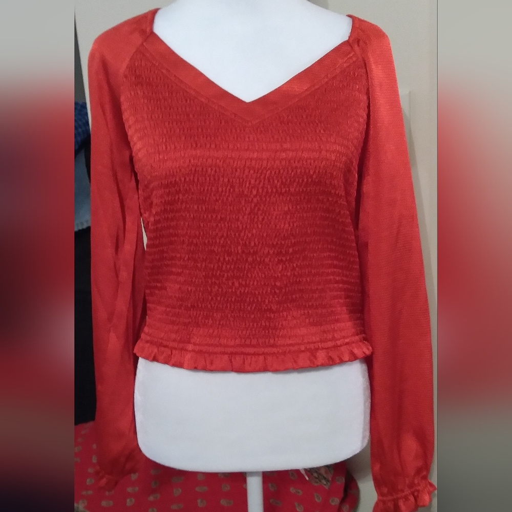 NEW Skies Are Blue Smocked Puff-Sleeved Top - Scarlet Red Women's Size M